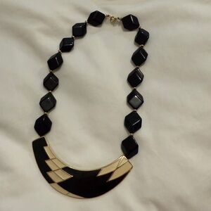 Vintage Trifari Black & Ivory Enamel Statement Necklace – Gold Tone